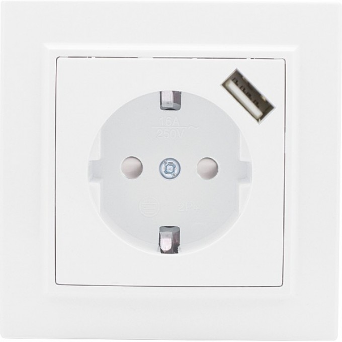 Розетка 1-местная EKF BASIC МИНСК СП с заземлением 16А белая с защ. штор. с USB 1А ERR16-028-100-USB